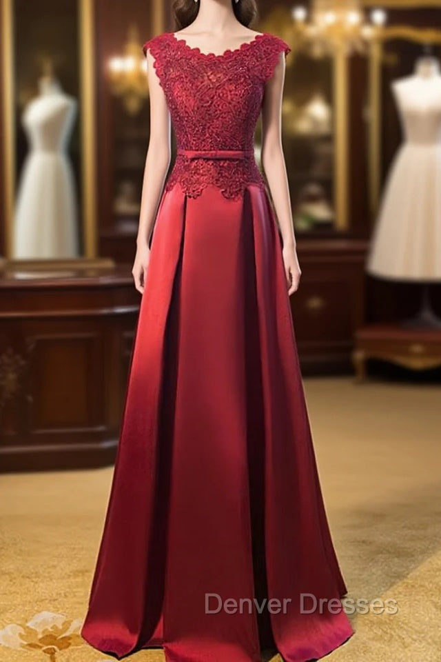 Dark Red Lace Long Junior Prom Dress, Lace Top Party Dress Main image