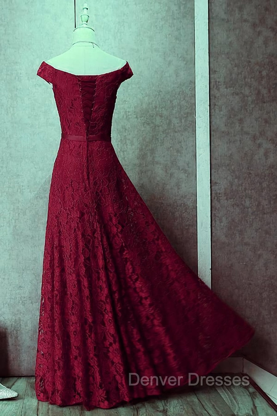Dark Red Lace Off Shoulder Bridesmaid Dress, Long Prom Dress Secondary image