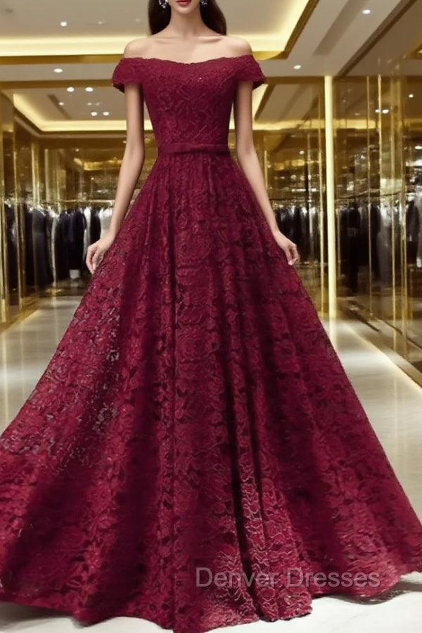 Dark Red Lace Off Shoulder Bridesmaid Dress, Long Prom Dress Main image