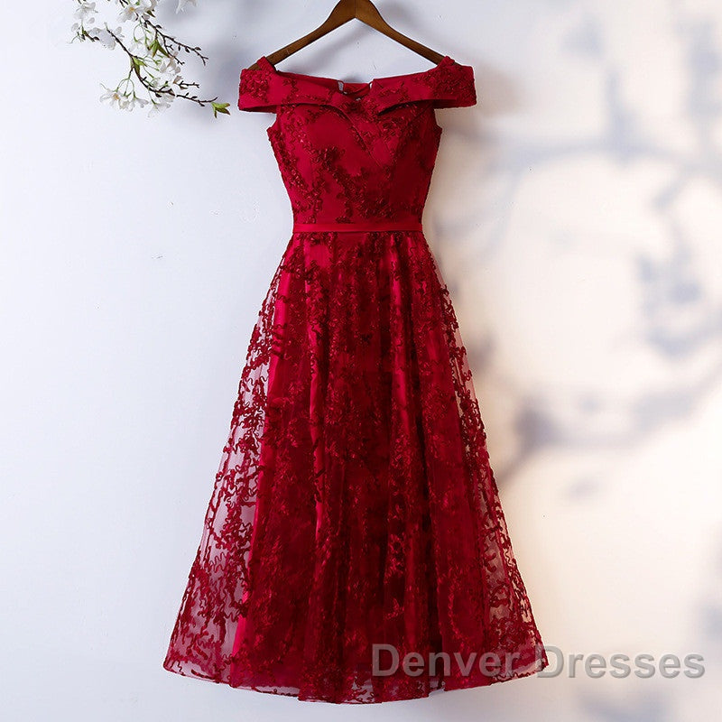 Dark Red Lace Off Shoulder Short Party Dress Formal Dress, Wine Red Homecoming Dress Secondary image
