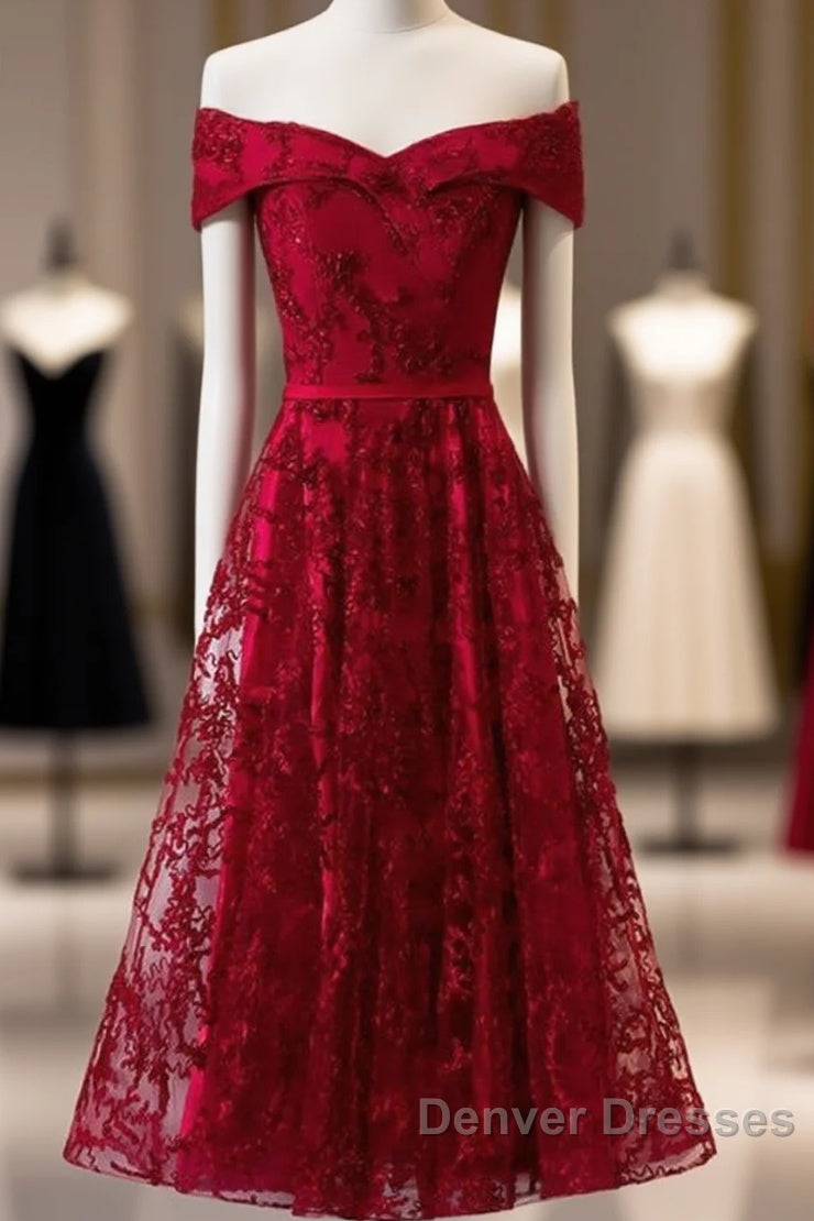 Dark Red Lace Off Shoulder Short Party Dress Formal Dress, Wine Red Homecoming Dress Main image