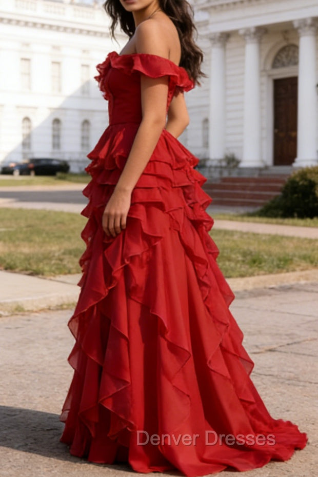 Dark Red Ruffled A-Line Square Neck Long Prom Dress Secondary image