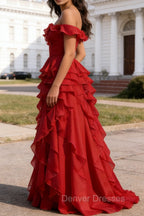 Dark Red Ruffled A-Line Square Neck Long Prom Dress