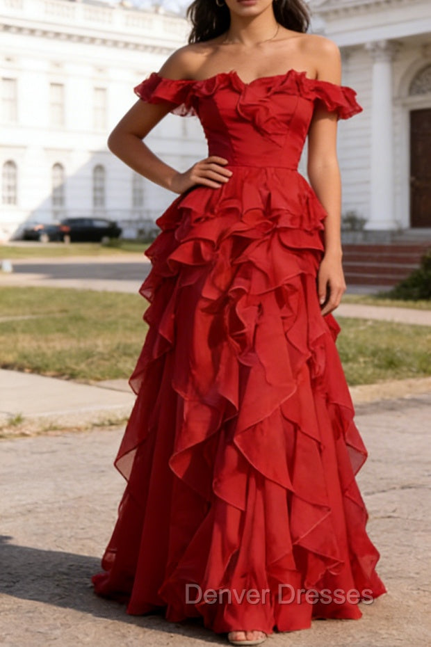 Dark Red Ruffled A-Line Square Neck Long Prom Dress Main image