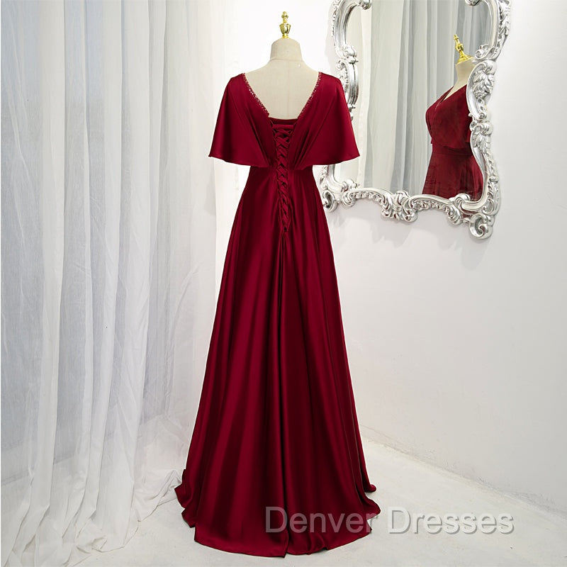 Dark Red Satin A-line Floor Length Evening Dress, Wine Red Wedding Party Dress Secondary image