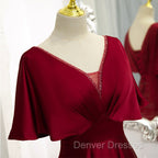 Dark Red Satin A-line Floor Length Evening Dress, Wine Red Wedding Party Dress