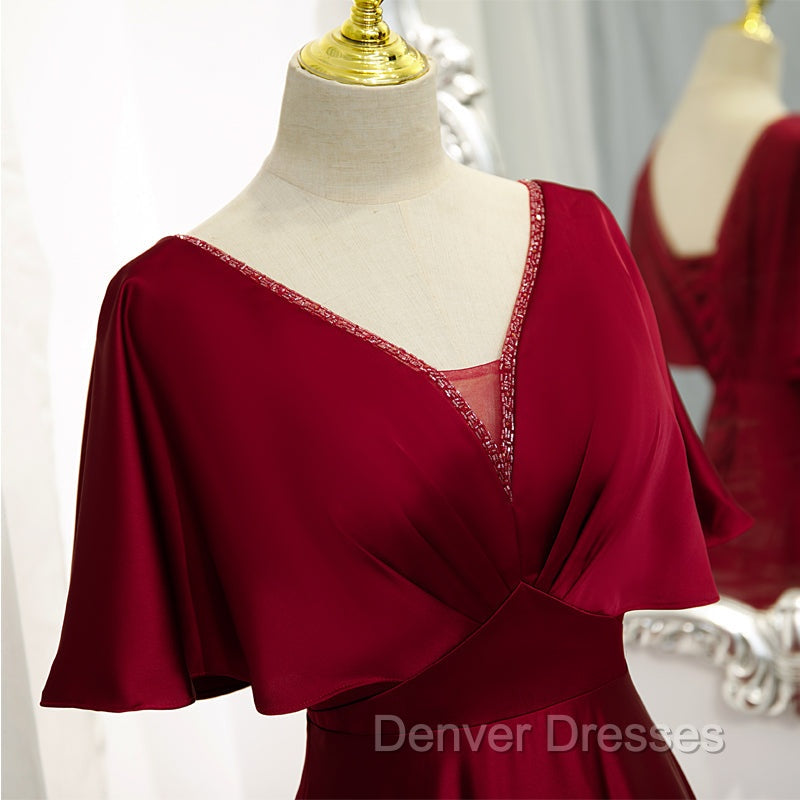 Dark Red Satin A-line Floor Length Evening Dress, Wine Red Wedding Party Dress