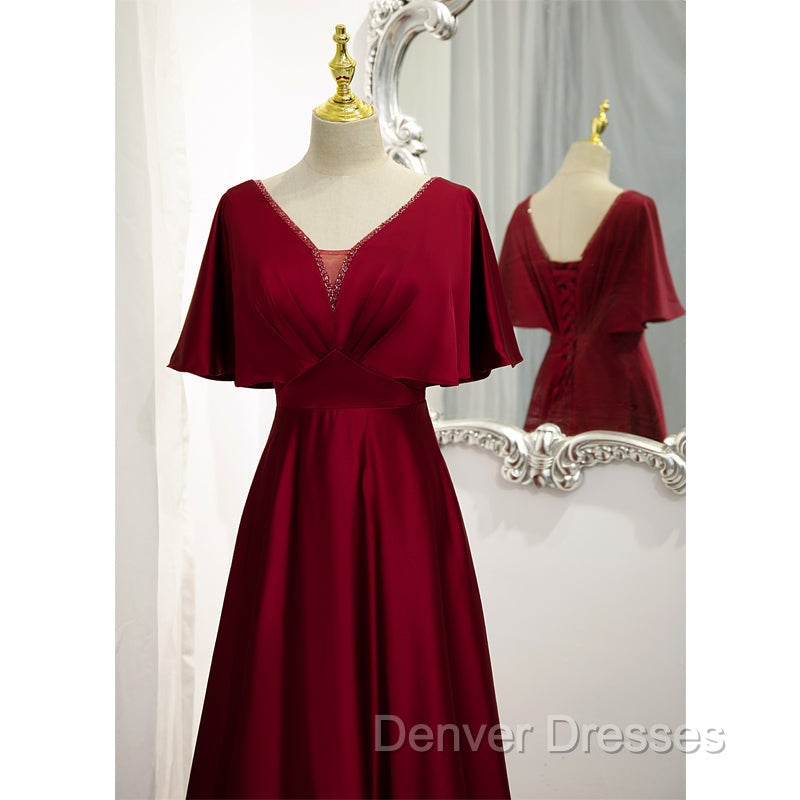 Dark Red Satin A-line Floor Length Evening Dress, Wine Red Wedding Party Dress