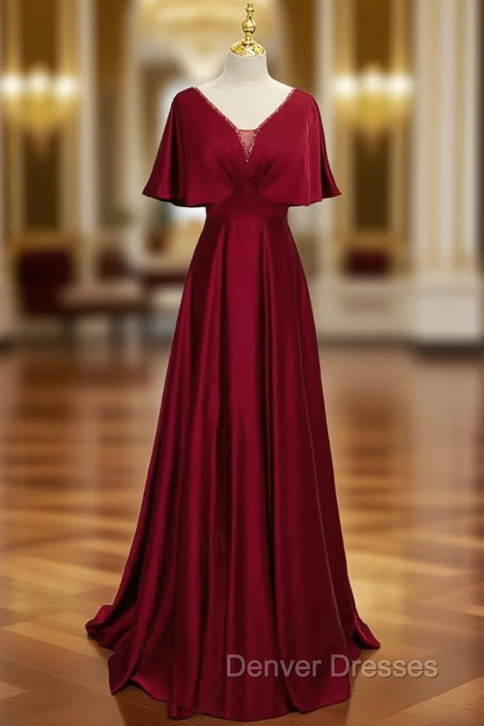 Dark Red Satin A-line Floor Length Evening Dress, Wine Red Wedding Party Dress Main image