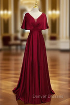 Dark Red Satin A-line Floor Length Evening Dress, Wine Red Wedding Party Dress