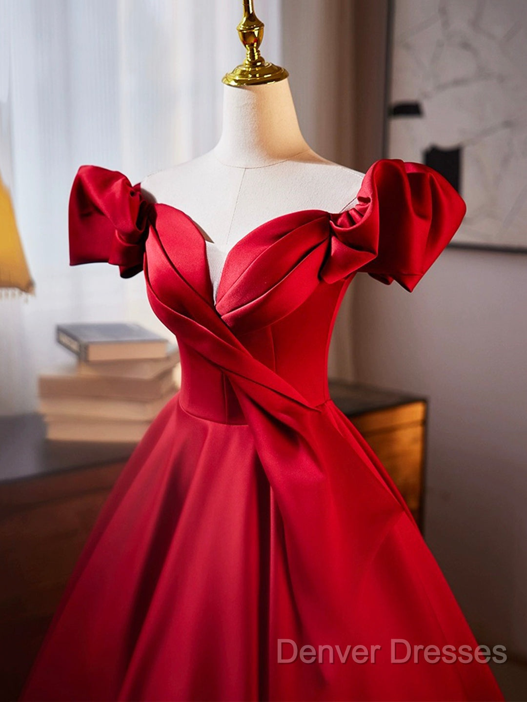 Dark Red Satin Long Prom Dress, Off The Shoulder A-Line Formal Evening Dress Secondary image
