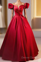 Dark Red Satin Long Prom Dress, Off The Shoulder A-Line Formal Evening Dress