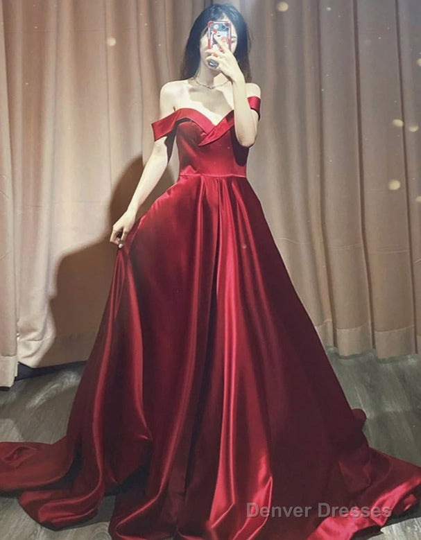 Dark Red Satin Long Prom Dresses, A-Line Sweetheart Evening Dress Formal Gown Main image