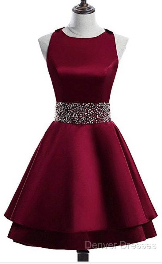 Dark Red Satin Short Two Layered Homecoming Dress, O-Neckline Party Dress, Short Formal Dress Secondary image