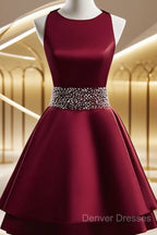 Dark Red Satin Short Two Layered Homecoming Dress, O-Neckline Party Dress, Short Formal Dress