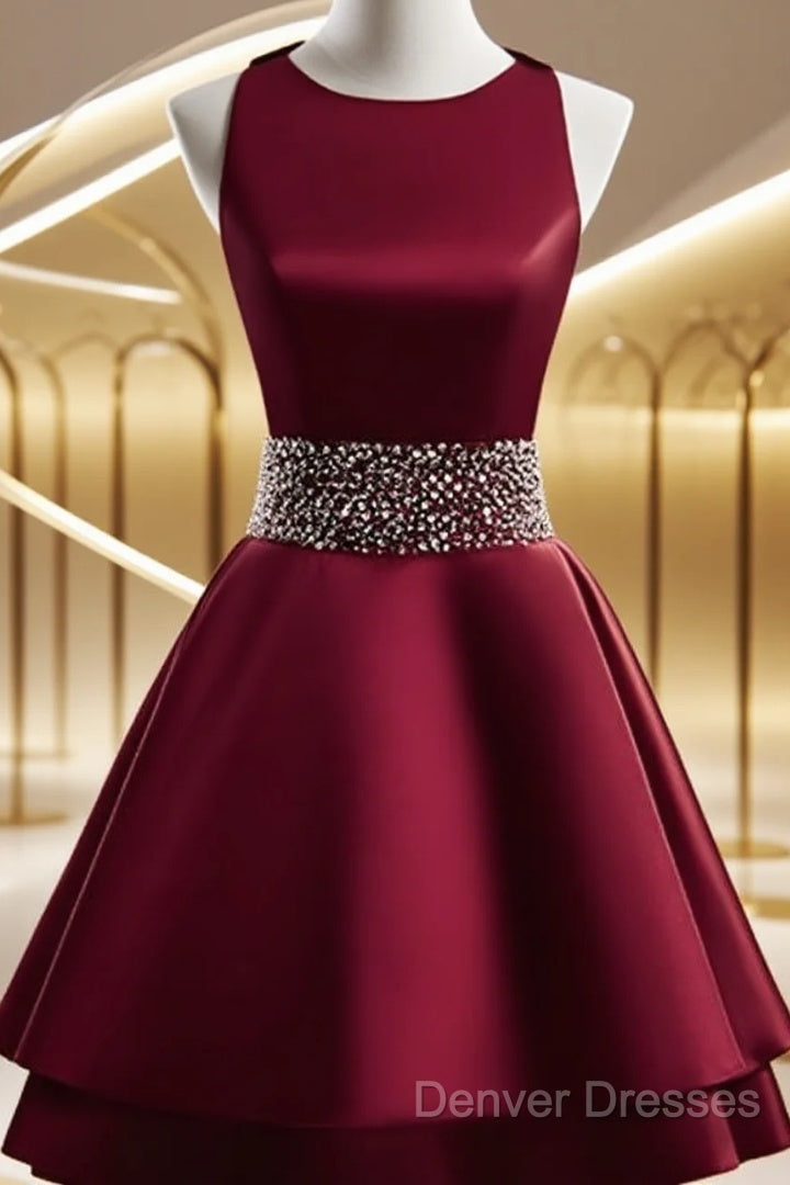 Dark Red Satin Short Two Layered Homecoming Dress, O-Neckline Party Dress, Short Formal Dress