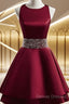 Dark Red Satin Short Two Layered Homecoming Dress, O-Neckline Party Dress, Short Formal Dress