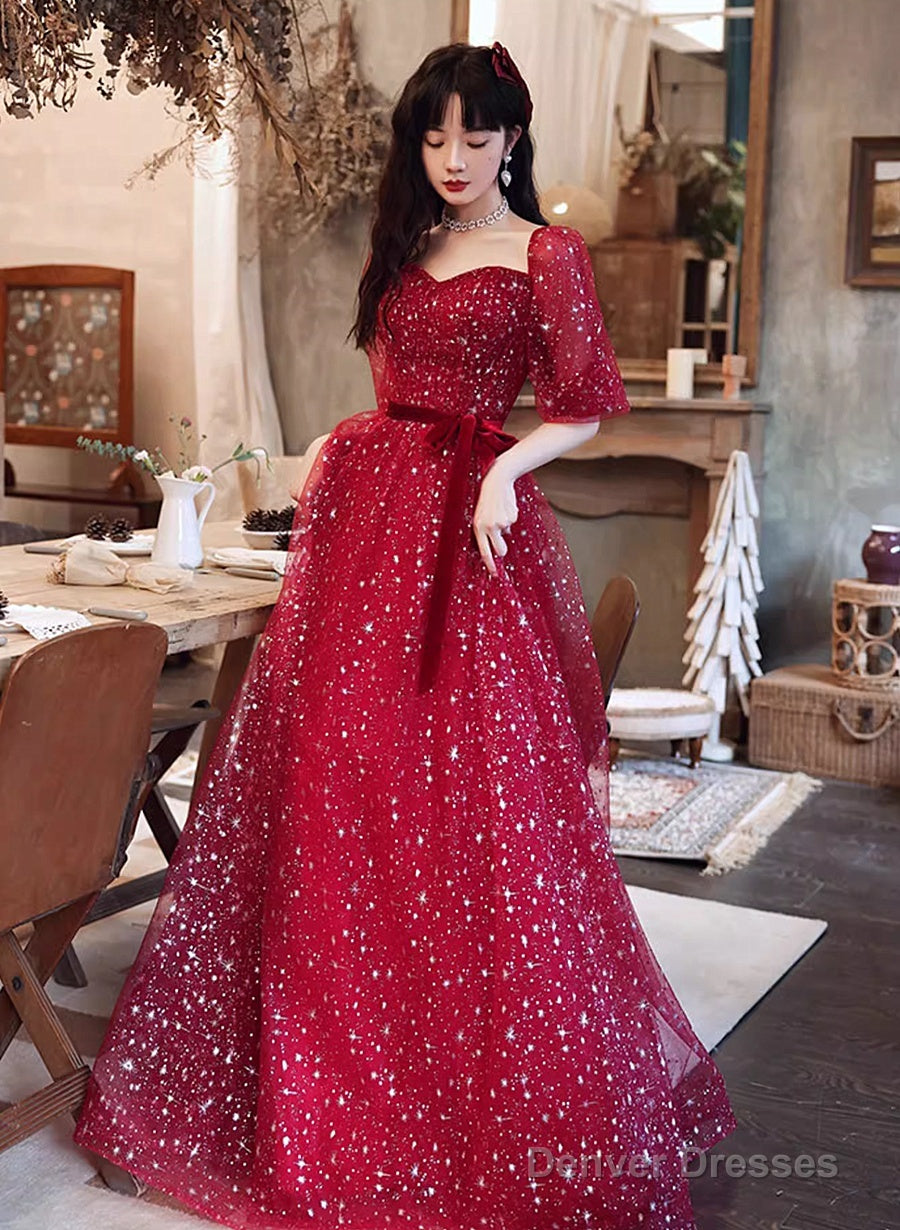 Dark Red Short Sleeves Sweetheart Tulle Prom Dress, A-Line Dark Red Formal Dress Secondary image