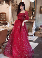Dark Red Short Sleeves Sweetheart Tulle Prom Dress, A-Line Dark Red Formal Dress