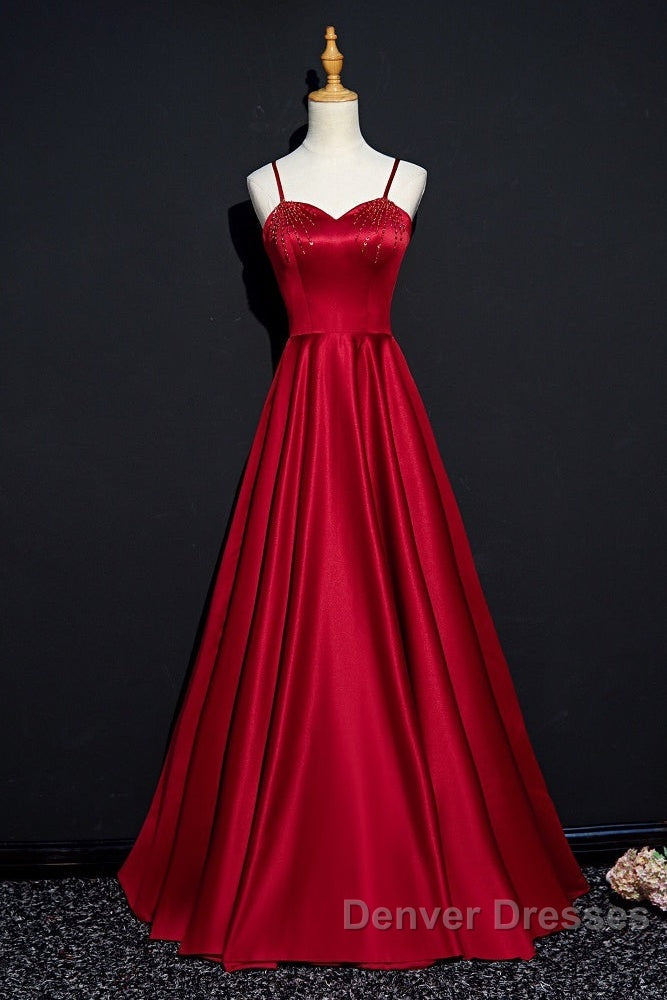Dark Red Straps Beaded Sweetheart Satin Long Party Dress, Wine Red Prom Dress