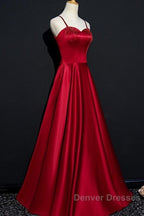 Dark Red Straps Beaded Sweetheart Satin Long Party Dress, Wine Red Prom Dress