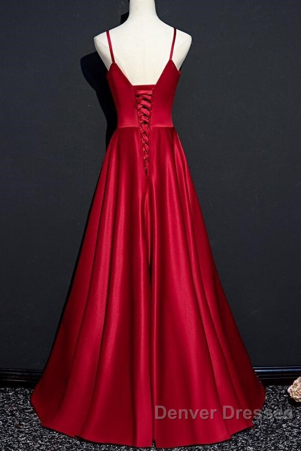 Dark Red Straps Beaded Sweetheart Satin Long Party Dress, Wine Red Prom Dress