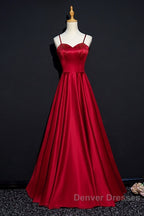 Dark Red Straps Beaded Sweetheart Satin Long Party Dress, Wine Red Prom Dress