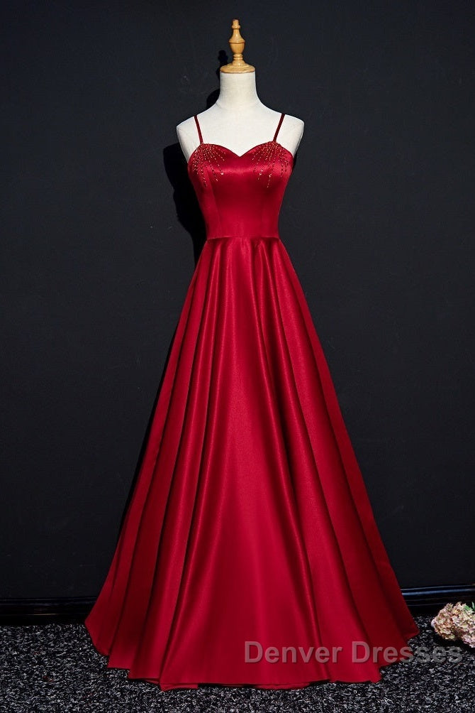 Dark Red Straps Beaded Sweetheart Satin Long Party Dress, Wine Red Prom Dress