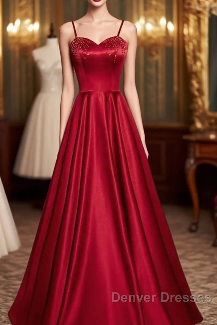 Dark Red Straps Beaded Sweetheart Satin Long Party Dress, Wine Red Prom Dress Main image