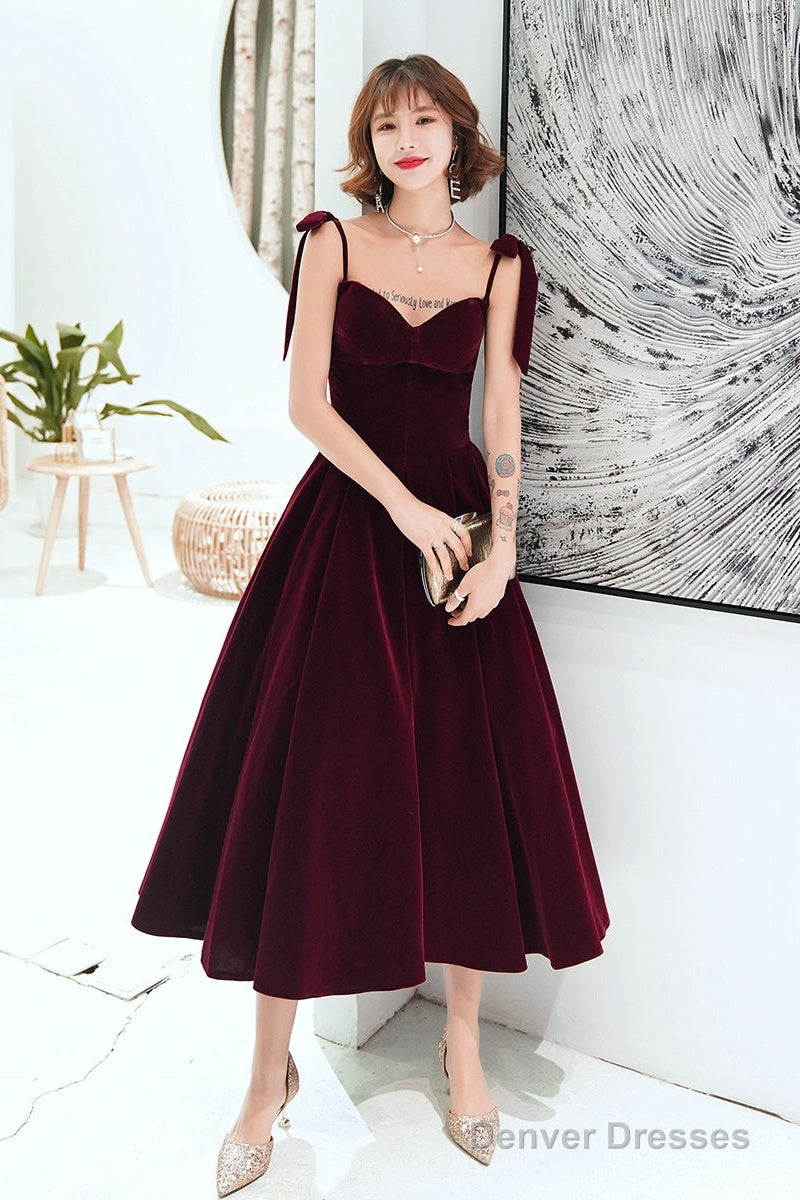 Dark Red Straps Velvet Elegant Tea Length Bridesmaid Dress, Burgundy Prom Dress Party Dress Secondary image