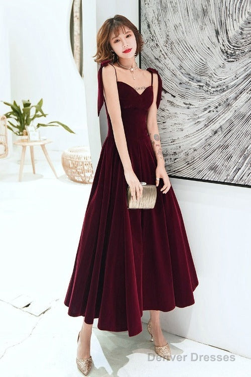 Dark Red Straps Velvet Elegant Tea Length Bridesmaid Dress, Burgundy Prom Dress Party Dress Main image
