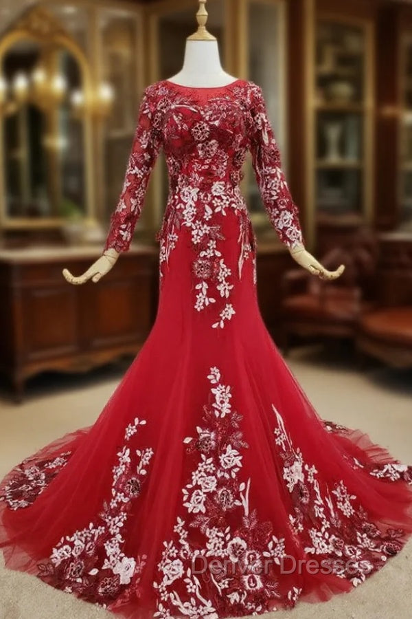 Dark Red Tulle Embroidery Appliques Long Sleeve Prom Dress