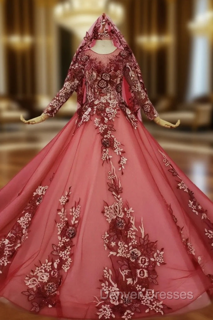 Dark Red Tulle Embroidery Appliques Long Sleeve Wedding Dress Main image