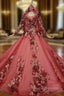 Dark Red Tulle Embroidery Appliques Long Sleeve Wedding Dress