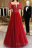 Dark Red Tulle Floor Length Formal Dress, Beautiful A-Line Short Sleeve Evening Dress With Beaded