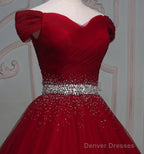Dark Red Tulle Gorgeous Ball Gown, Burgundy Off Shoulder With Beaded Waist, Pretty Formal Dress