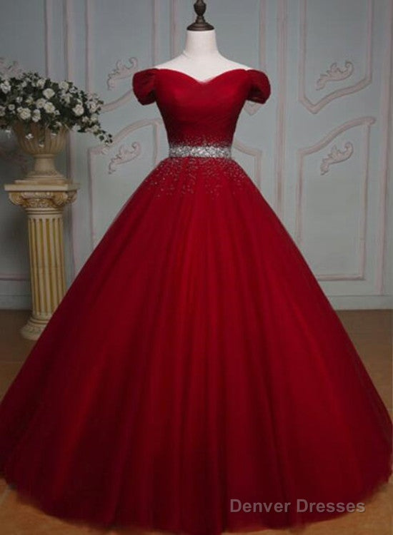 Dark Red Tulle Gorgeous Ball Gown, Burgundy Off Shoulder With Beaded Waist, Pretty Formal Dress Main image