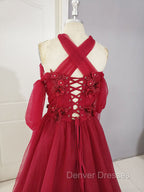 Dark Red Tulle Lace Long Prom Dress, Red Tulle Lace Evening Dress