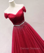 Dark Red Tulle Off Shoulder Long Prom Dress, Beaded Party Dress