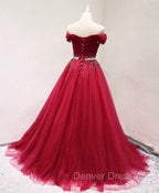 Dark Red Tulle Off Shoulder Long Prom Dress, Beaded Party Dress
