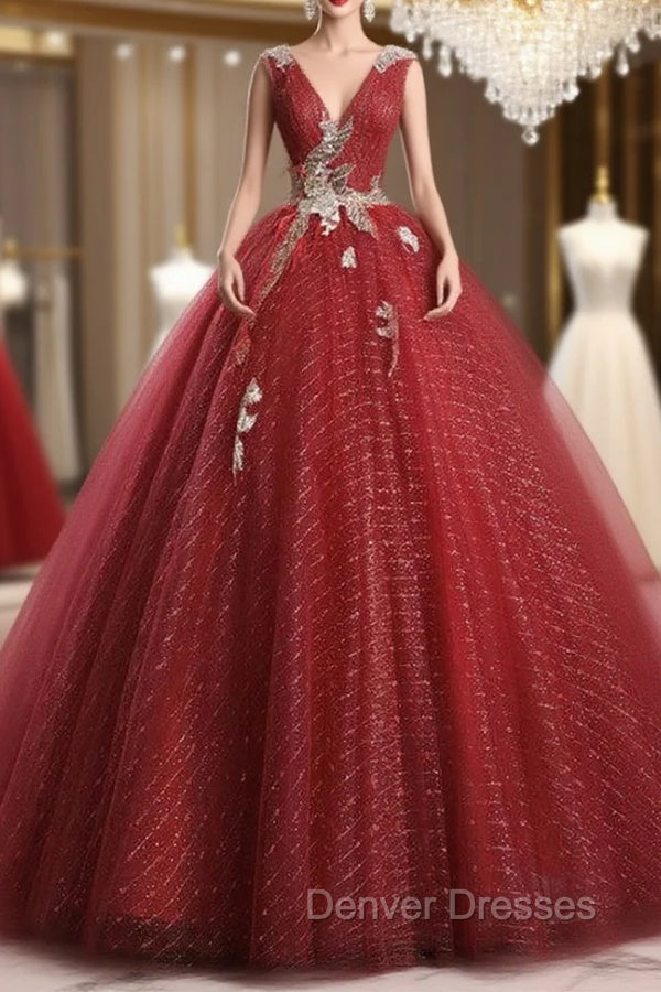 Dark Red Tulle Sequins V-neck Appliques Quinceanera Dress Main image