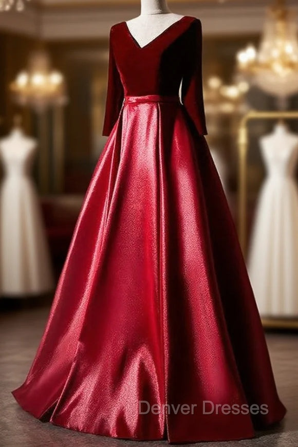 Dark Red Velvet and Satin V-neckline Long Prom Dress Evening Dress, Red Bridesmaid Dress Secondary image