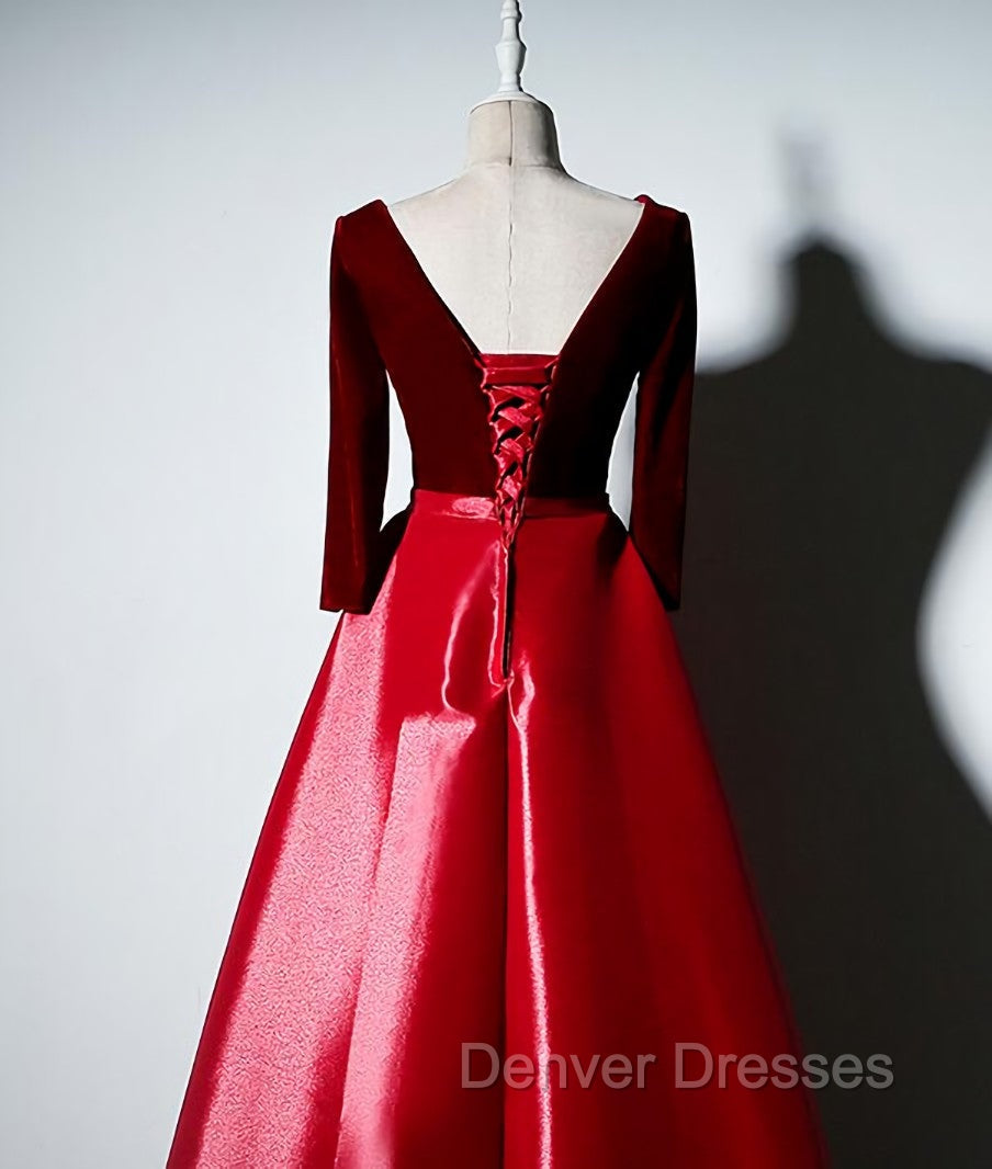 Dark Red Velvet and Satin V-neckline Long Prom Dress Evening Dress, Red Bridesmaid Dress