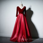 Dark Red Velvet and Satin V-neckline Long Prom Dress Evening Dress, Red Bridesmaid Dress