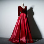 Dark Red Velvet and Satin V-neckline Long Prom Dress Evening Dress, Red Bridesmaid Dress