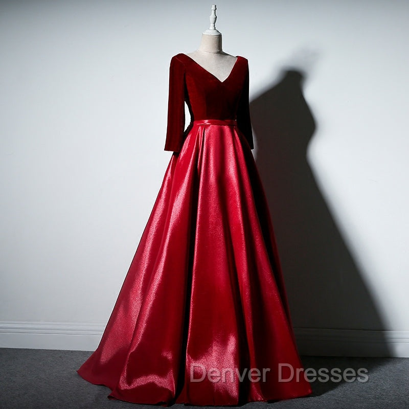 Dark Red Velvet and Satin V-neckline Long Prom Dress Evening Dress, Red Bridesmaid Dress