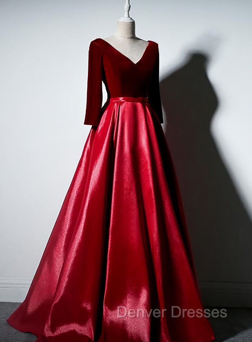 Dark Red Velvet and Satin V-neckline Long Prom Dress Evening Dress, Red Bridesmaid Dress Main image