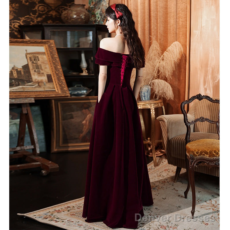 Dark Red Velvet Long Party Dress Prom Dress , A-Line Formal Dresses Evening Dresses Secondary image