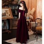 Dark Red Velvet Long Party Dress Prom Dress , A-Line Formal Dresses Evening Dresses