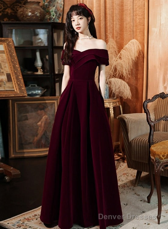 Dark Red Velvet Long Party Dress Prom Dress , A-Line Formal Dresses Evening Dresses Main image